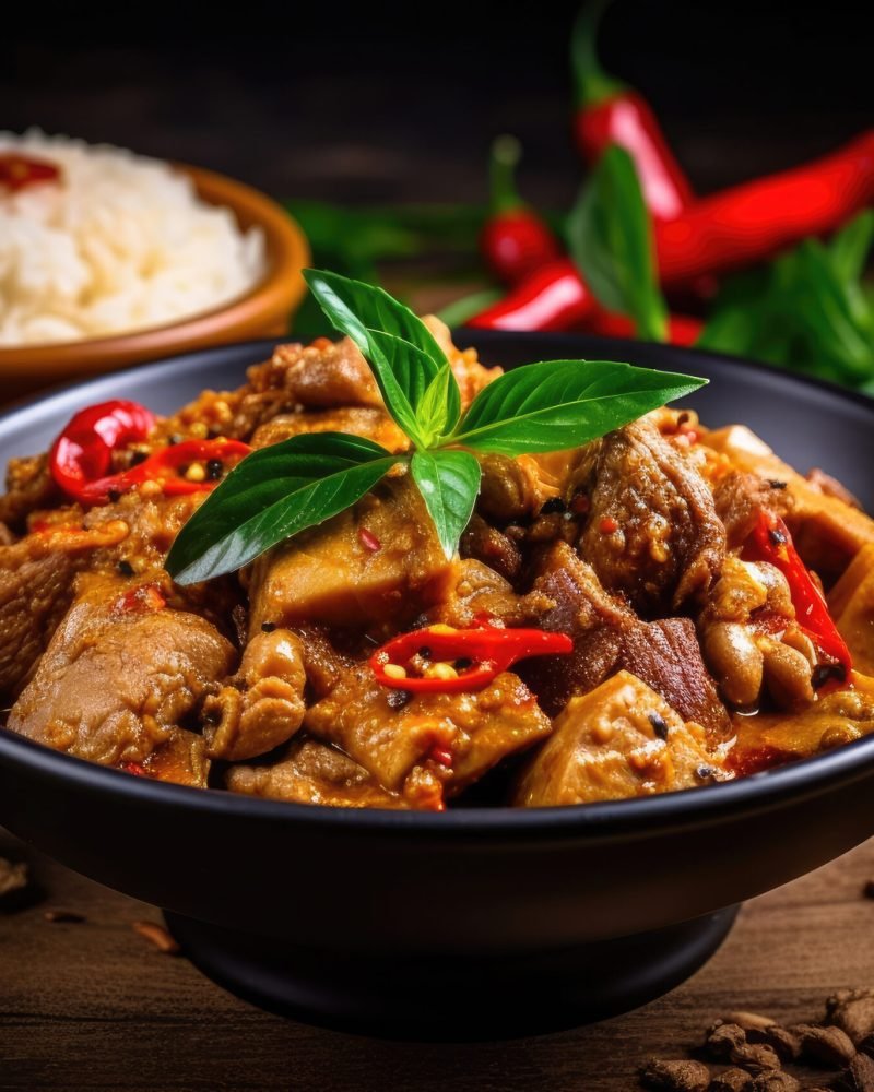 Spicy thai curry with pork meat serving with rice and decorating with herbal vegetable ingredients like chili and eggplant on rustic background - Thai food, Generative AI